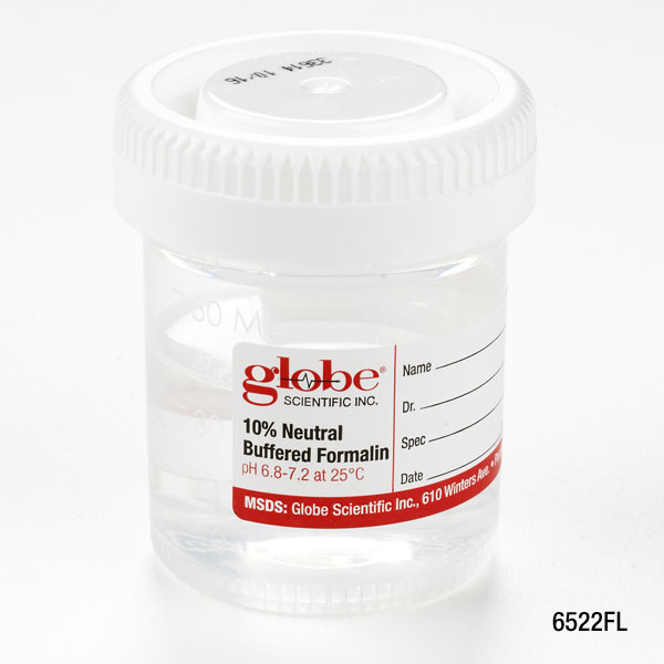 Globe Scientific Pre-Filled Container with Click Close Lid: Tite-Rite, 60mL (2oz), PP, Filled with 30mL of 10% Neutral Buffered Formalin, Attached Hazard Label, 24/Box, 4 Boxes/Unit Formalin; Containers; Formalin Containers; Histology; tissue